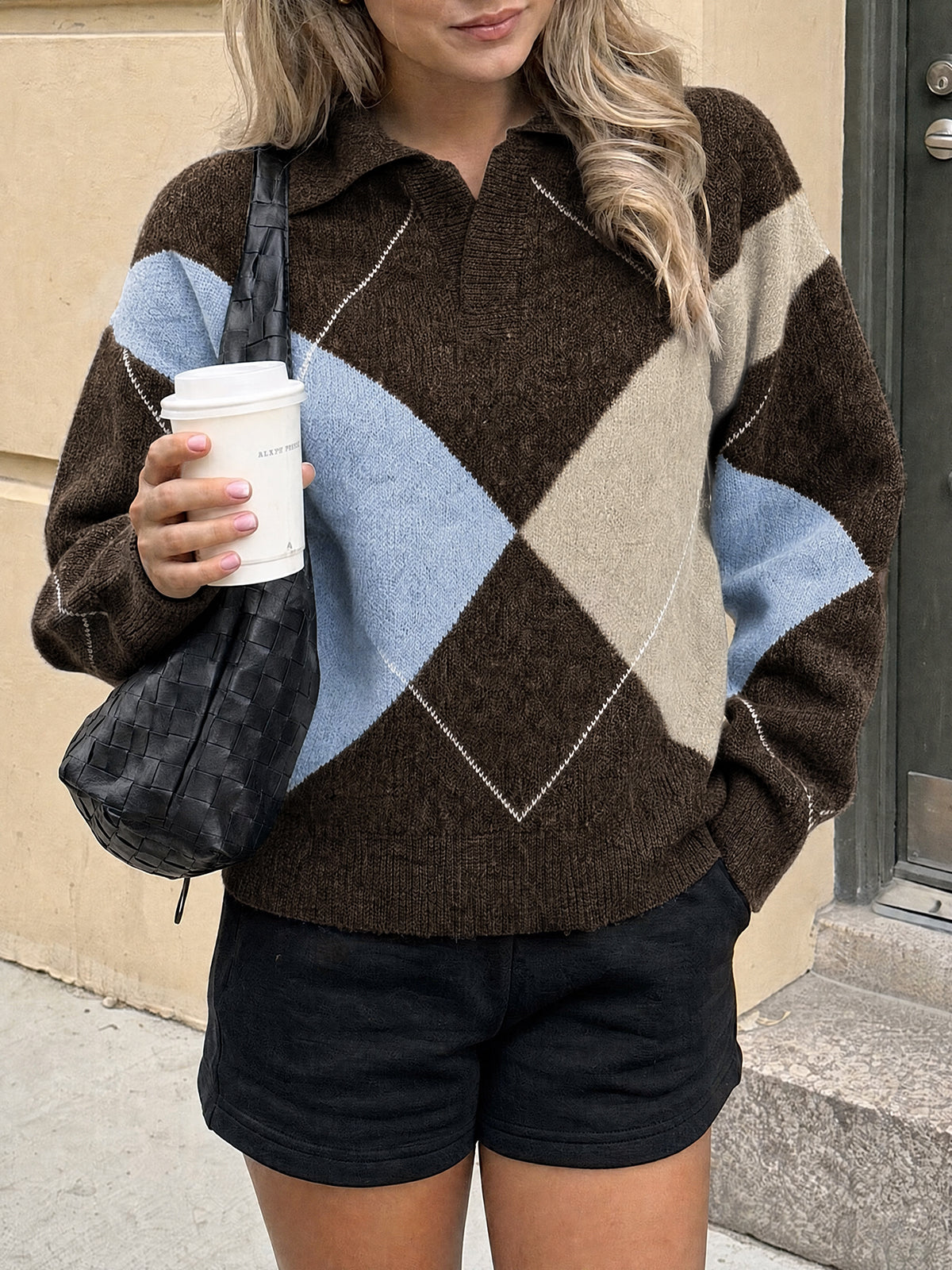 usvara Womens Collared V Neck Argyle Sweater