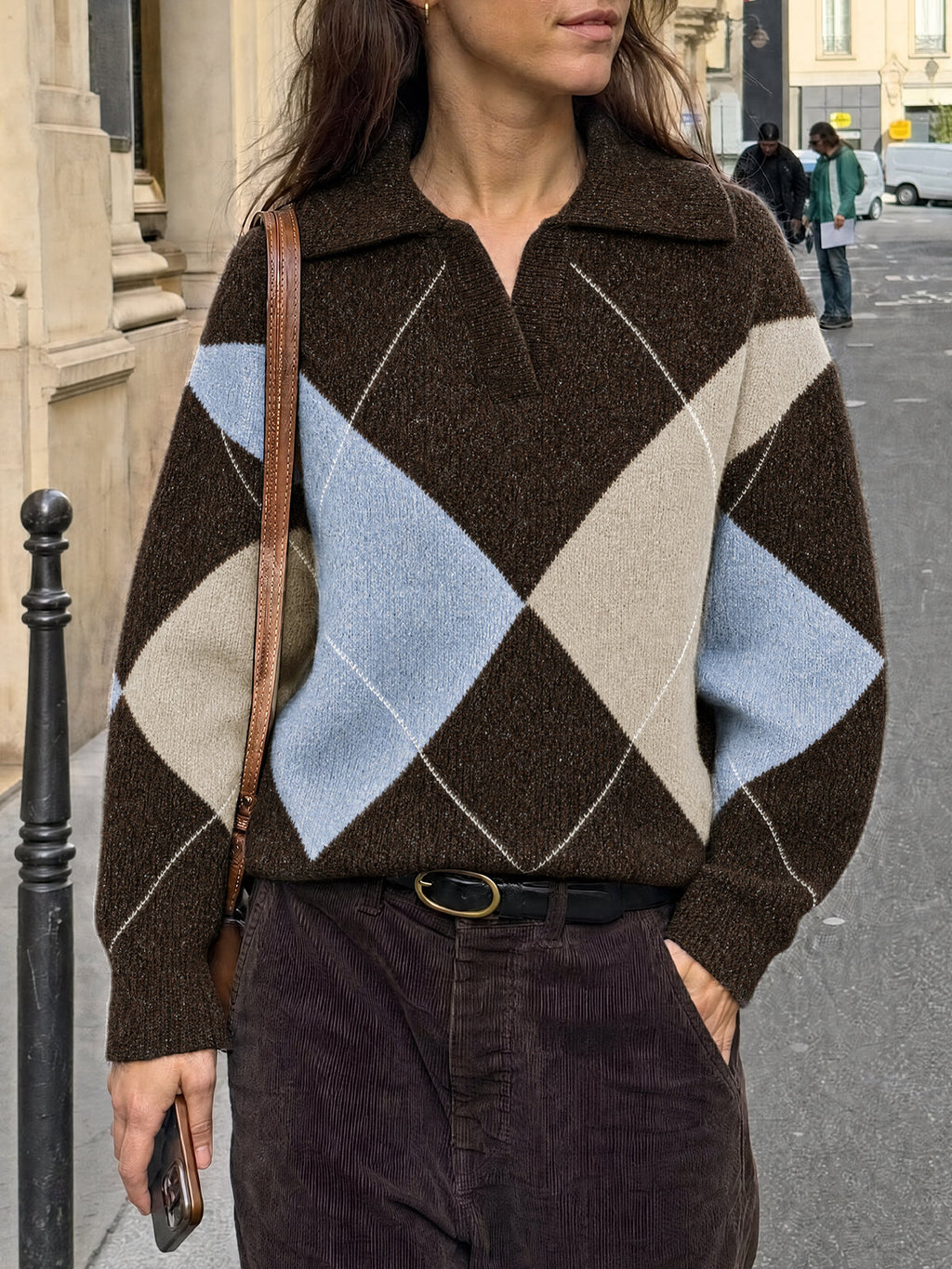 usvara Womens Collared V Neck Argyle Sweater