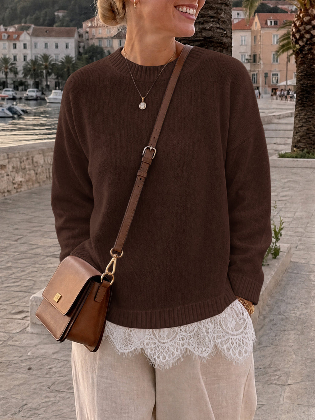 usvara Womens Lace Patchwork Knit Sweater