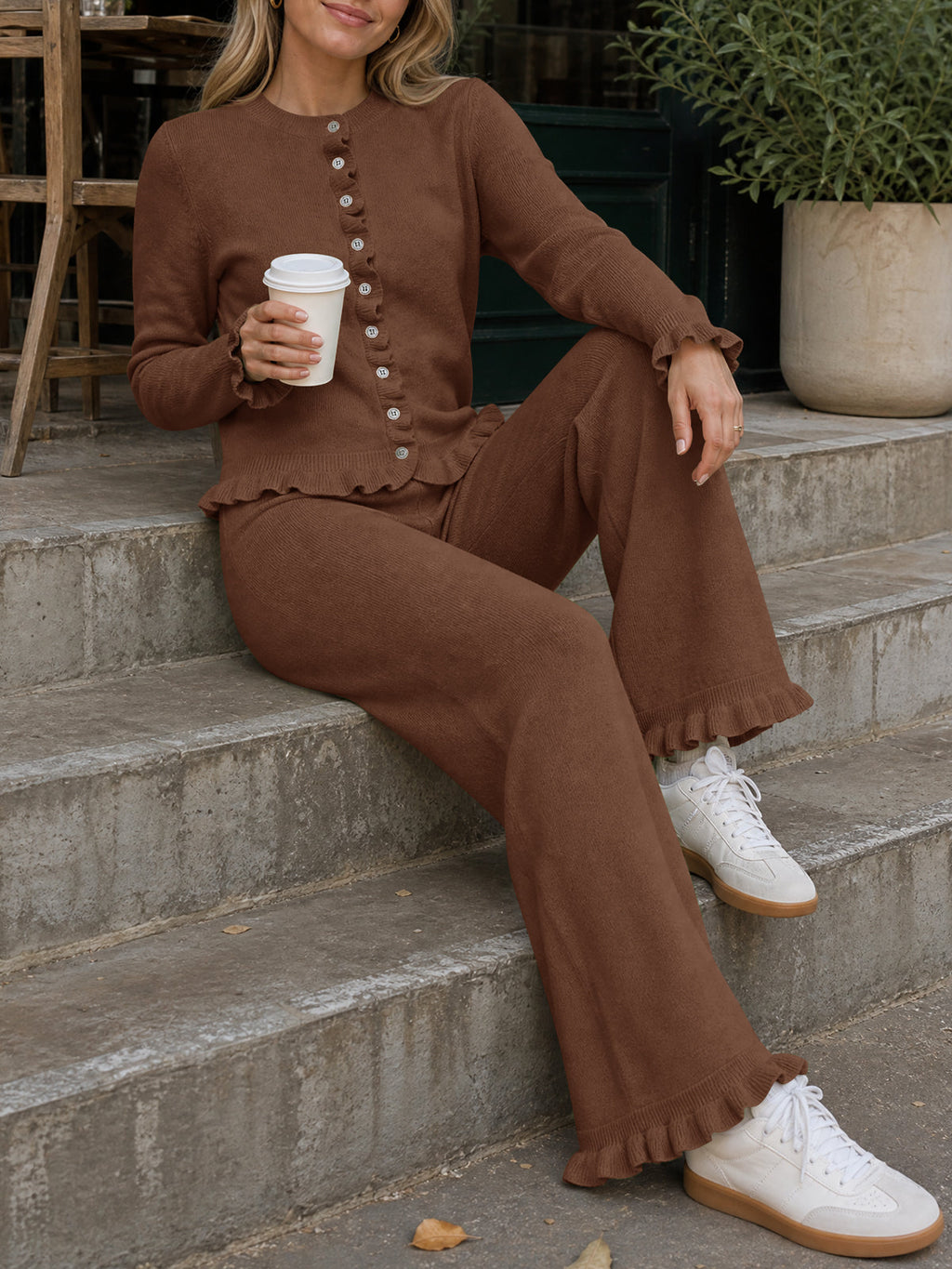 usvara Women Ruffle Knit Lounge Set