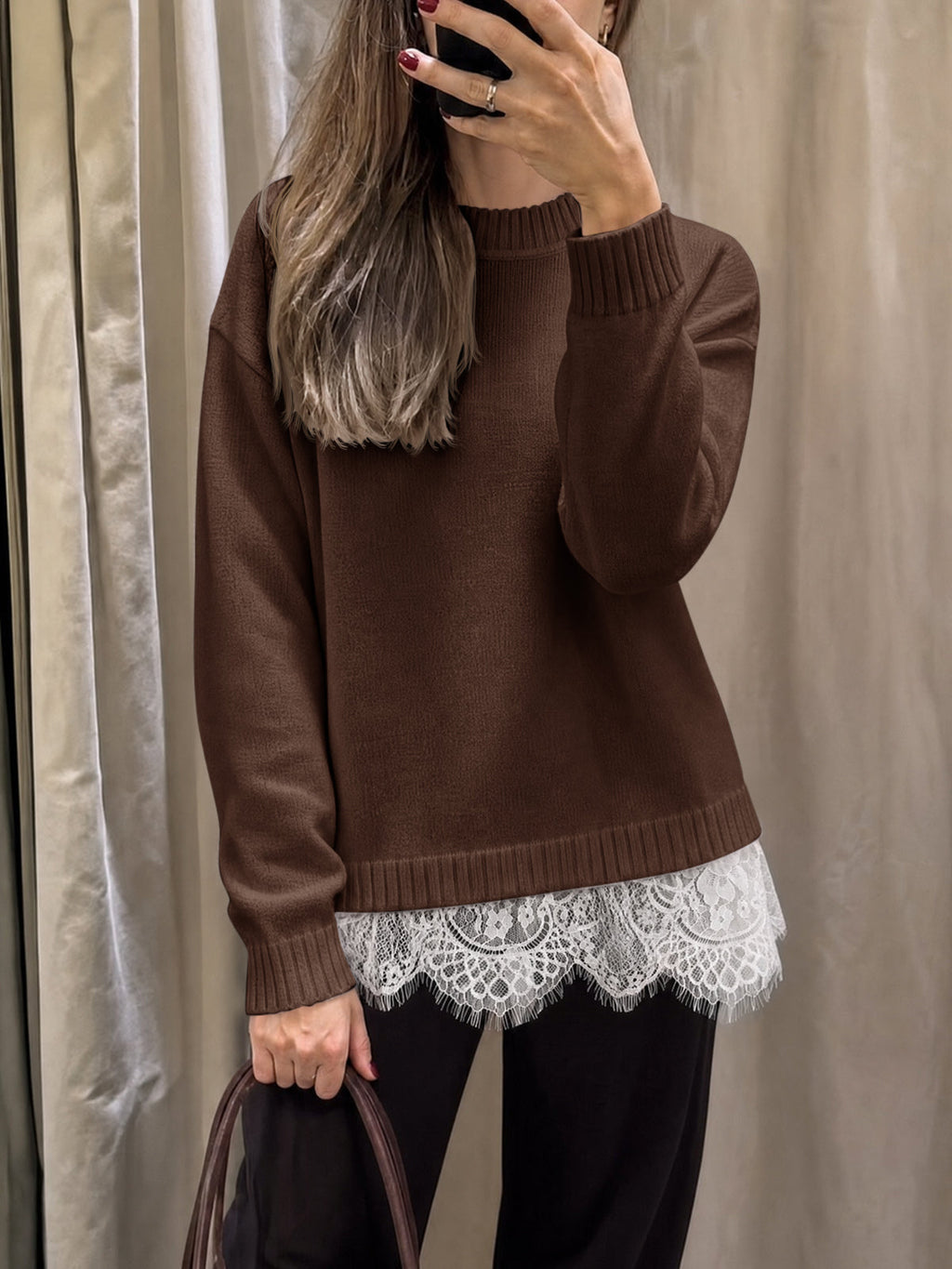 usvara Womens Lace Patchwork Knit Sweater