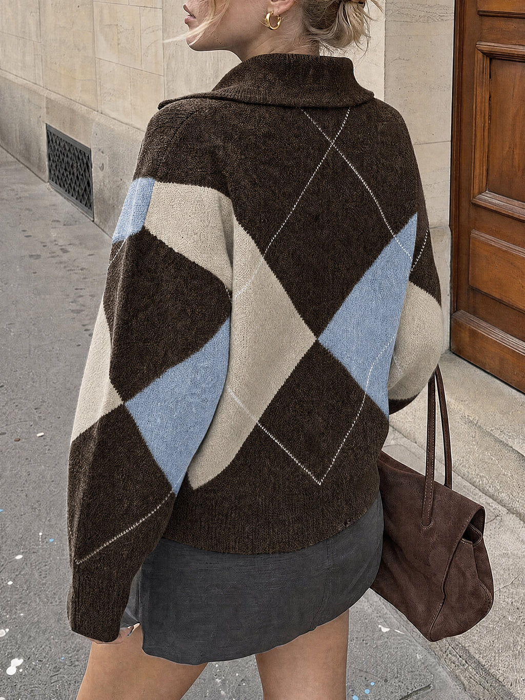 usvara Womens Collared V Neck Argyle Sweater