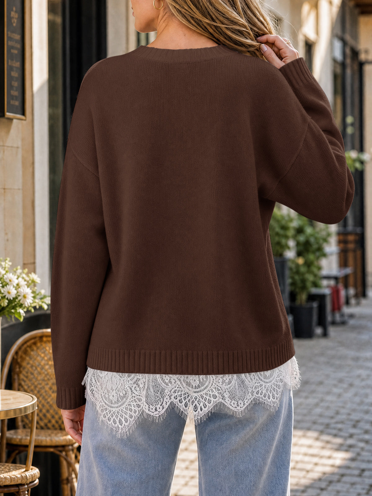 usvara Womens Lace Patchwork Knit Sweater