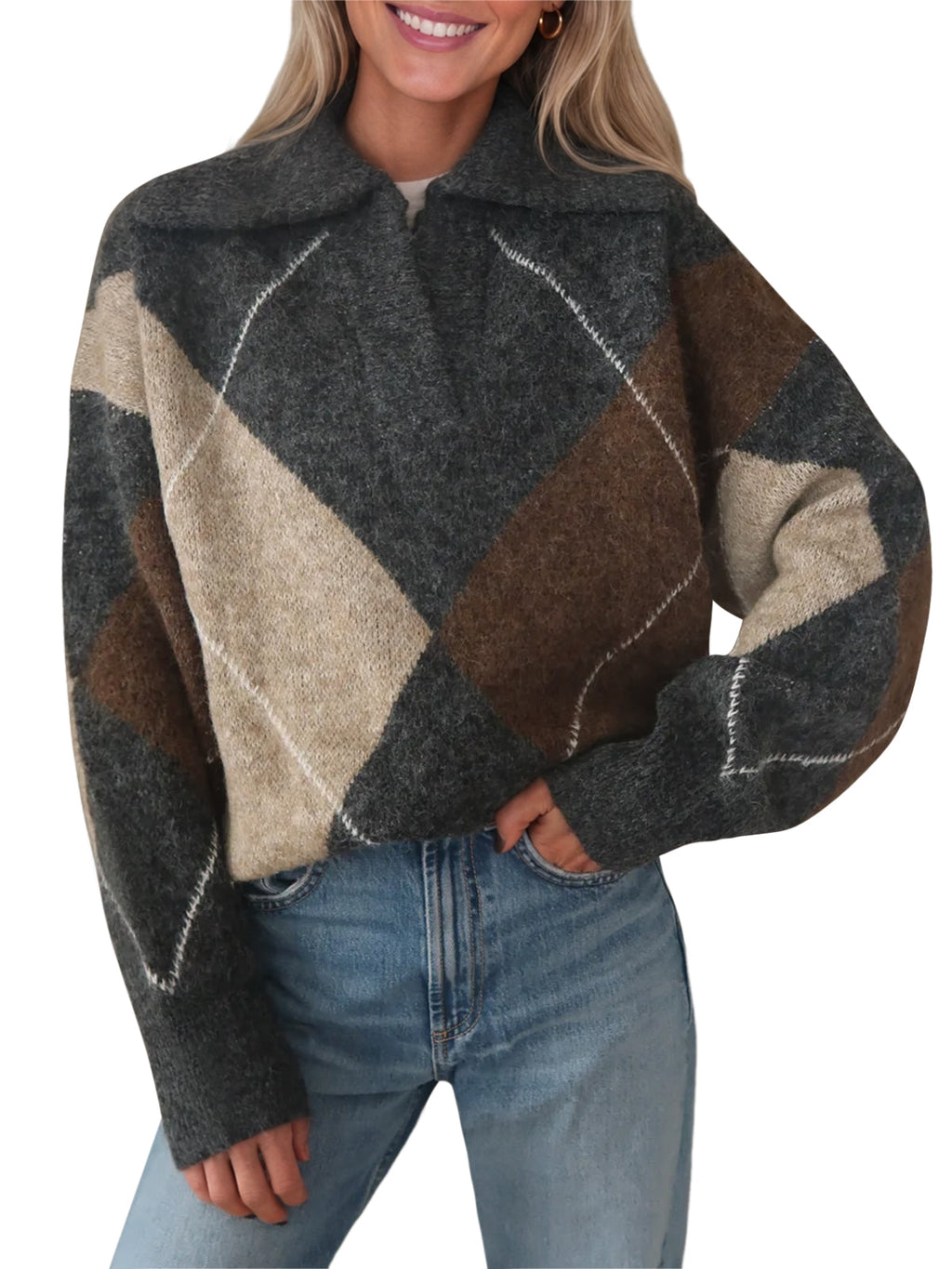 usvara Womens Collared V Neck Argyle Sweater