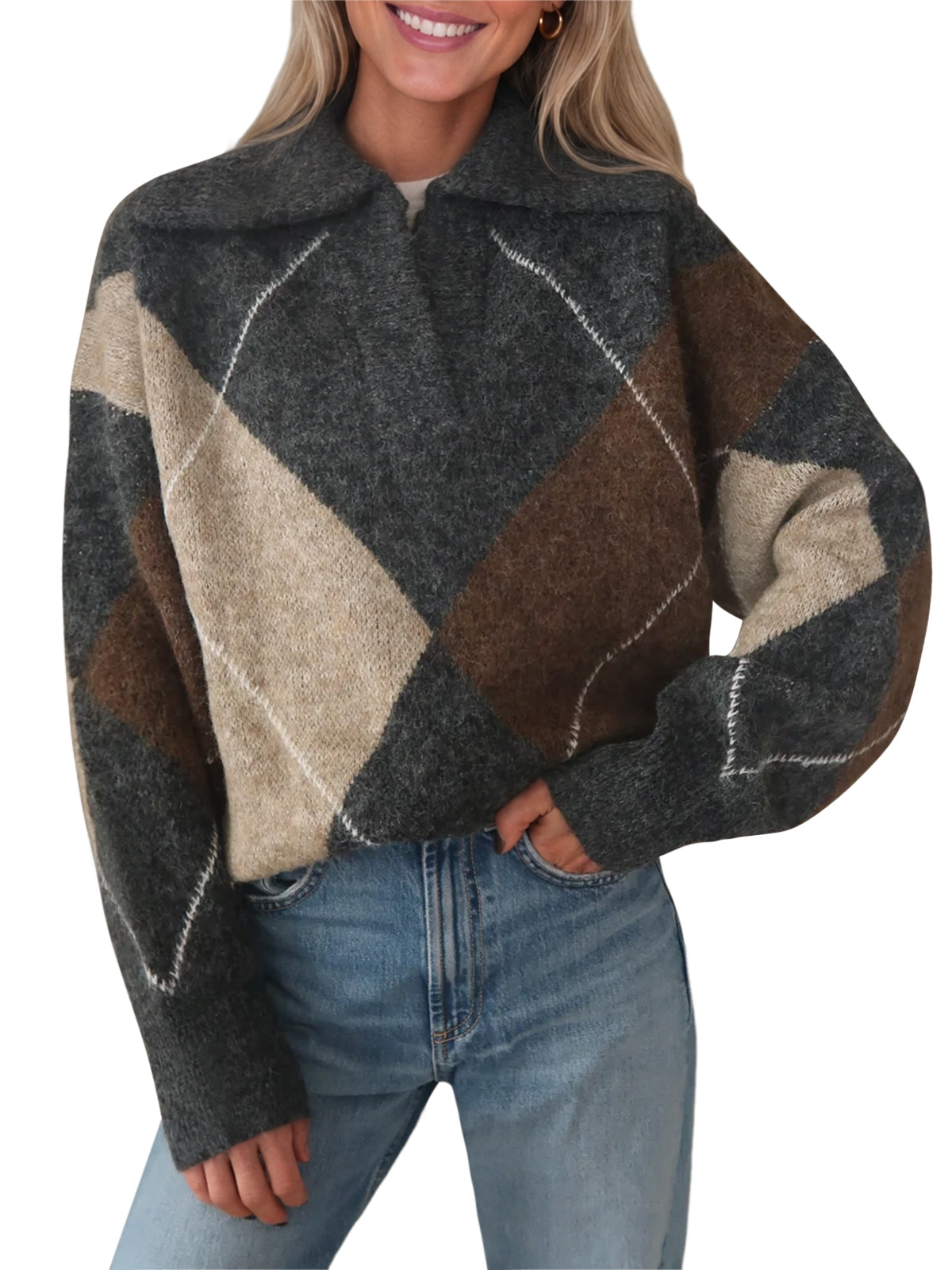 usvara Womens Collared V Neck Argyle Sweater