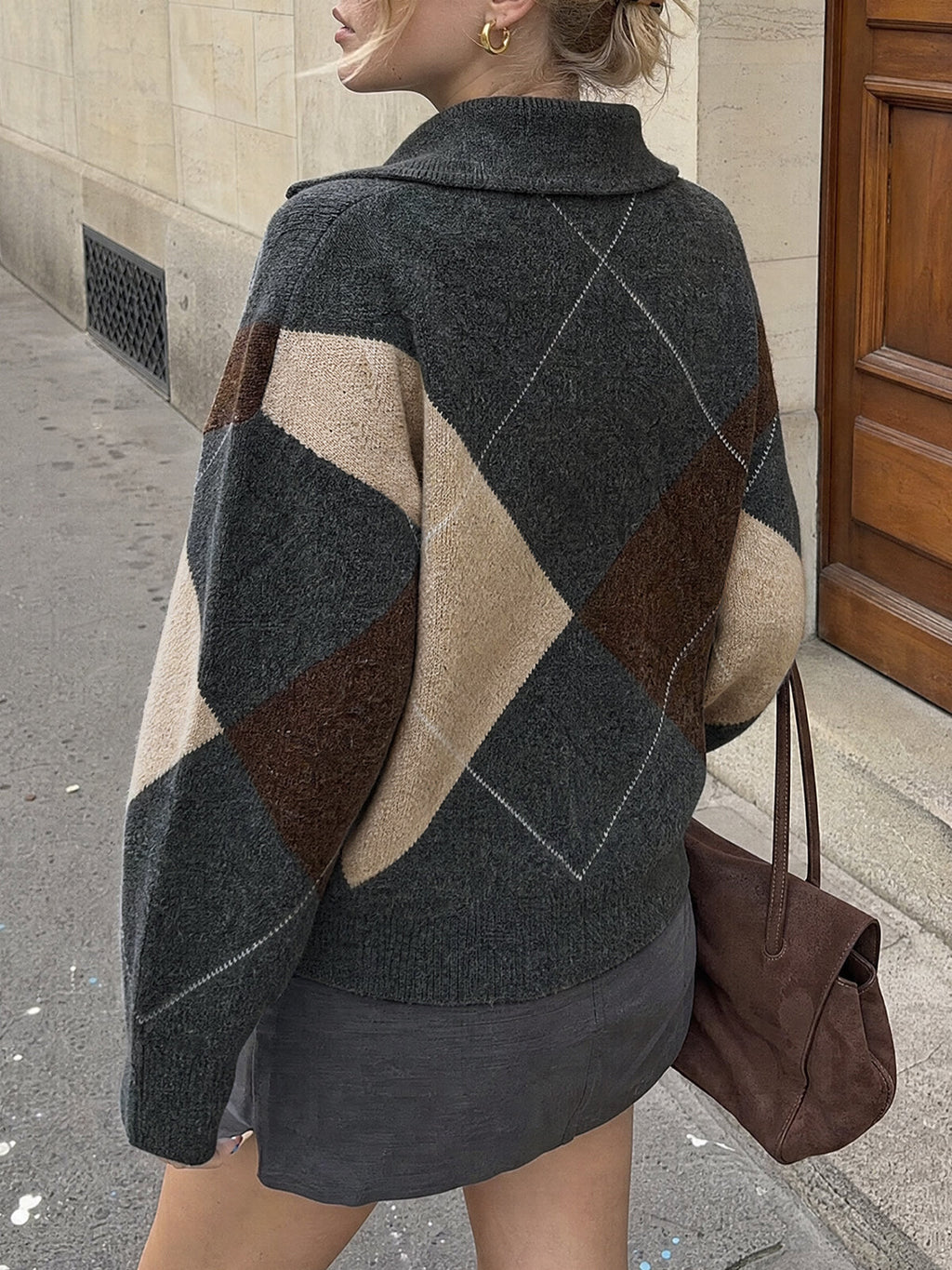 usvara Womens Collared V Neck Argyle Sweater