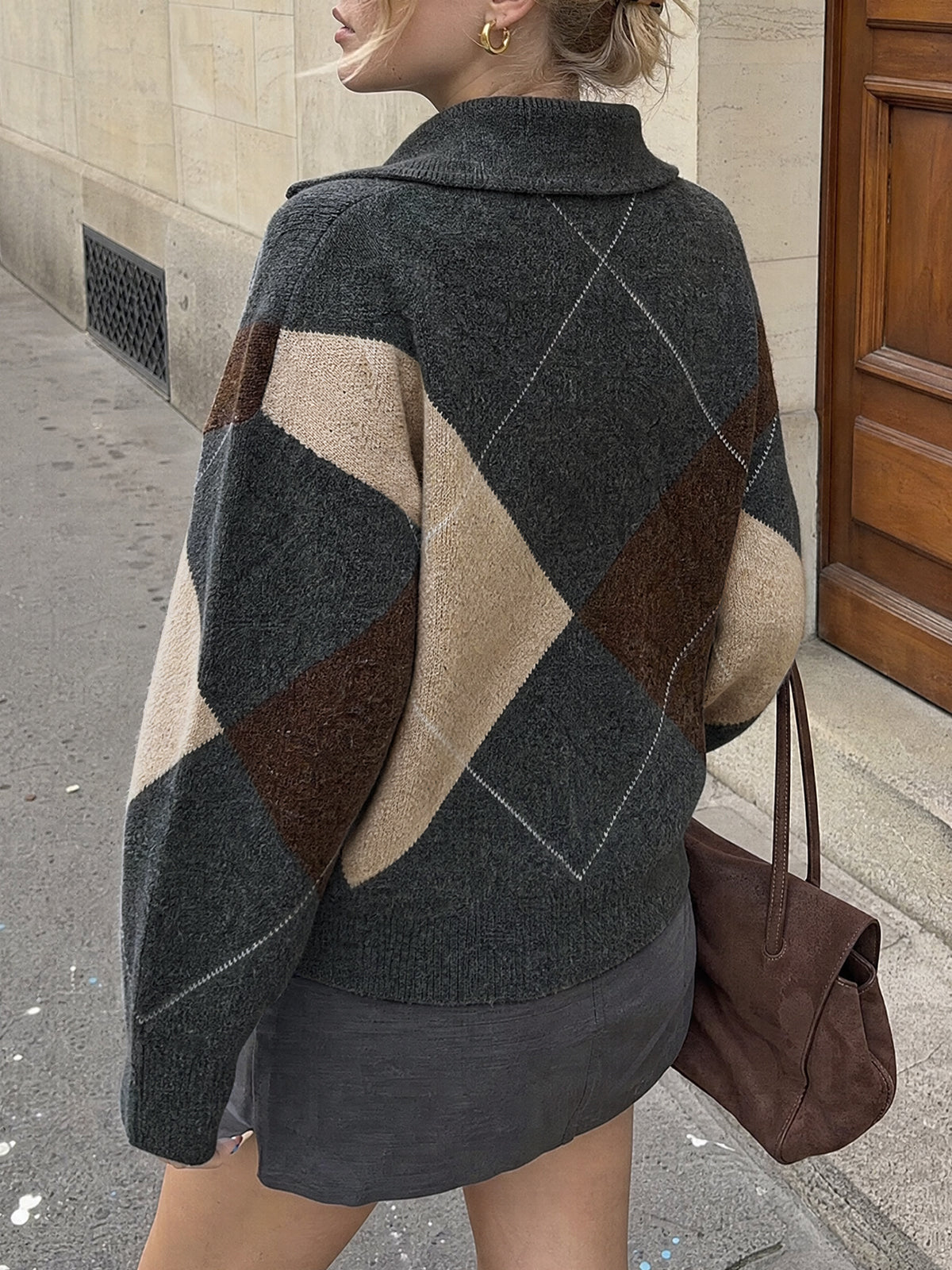 usvara Womens Collared V Neck Argyle Sweater