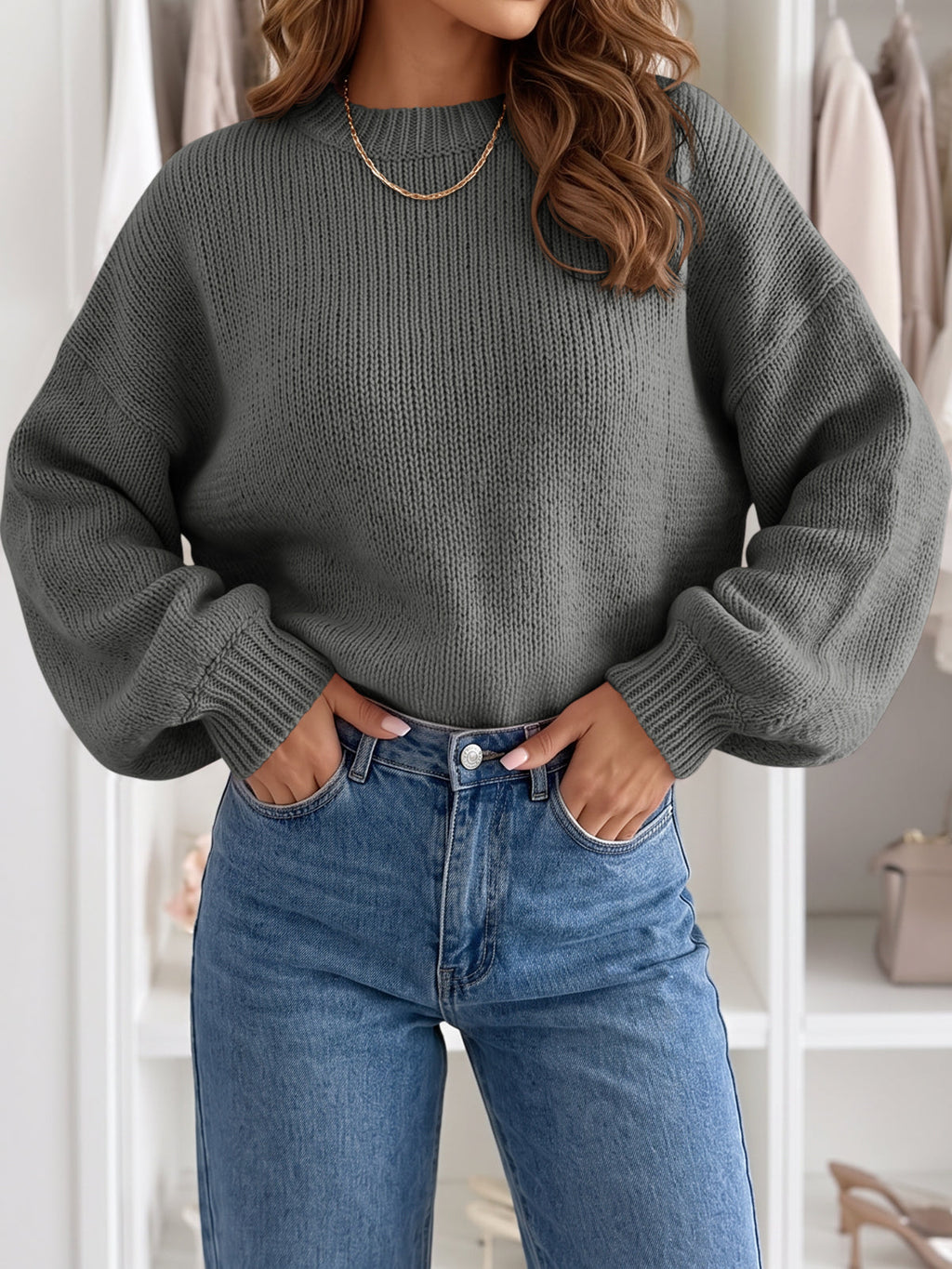 usvara Womens Crew Neck Slouchy Knit Pullover