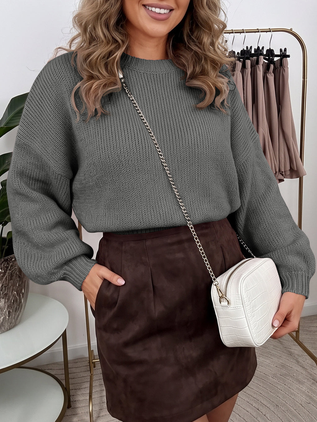 usvara Womens Crew Neck Slouchy Knit Pullover