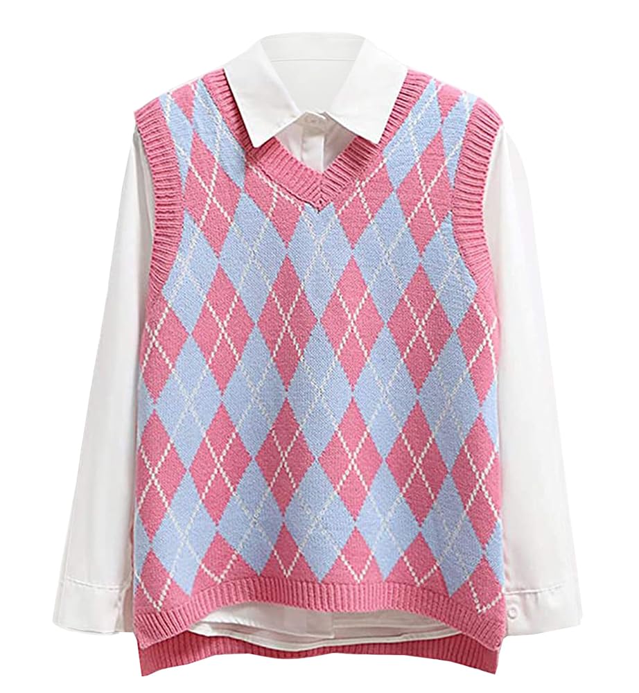 usvara Womens V Neck Argyle Knit Tops