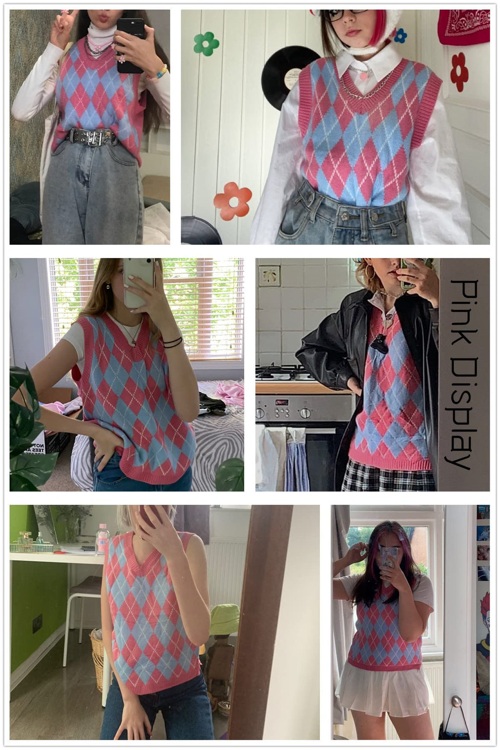 usvara Womens V Neck Argyle Knit Tops