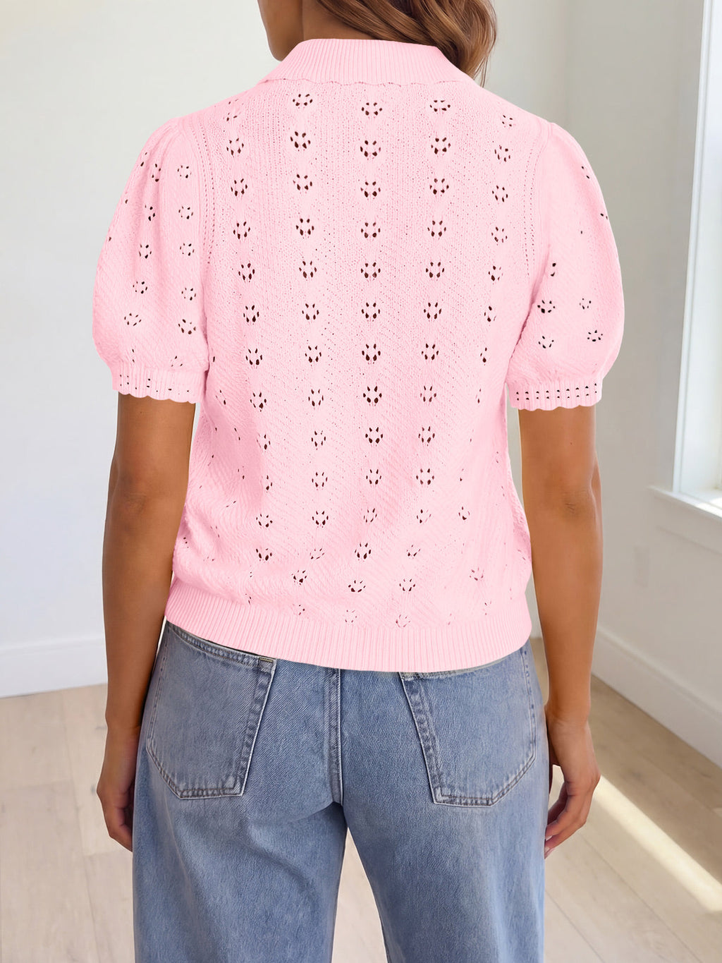 usvara Women Crochet Puff Sleeve Cardigan