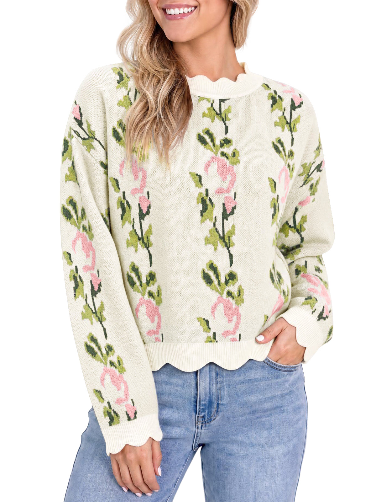 usvara Women Floral Long Sleeve Sweater