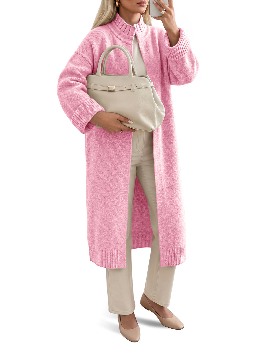usvara Womens Ruffle Mock Neck Long Cardigan