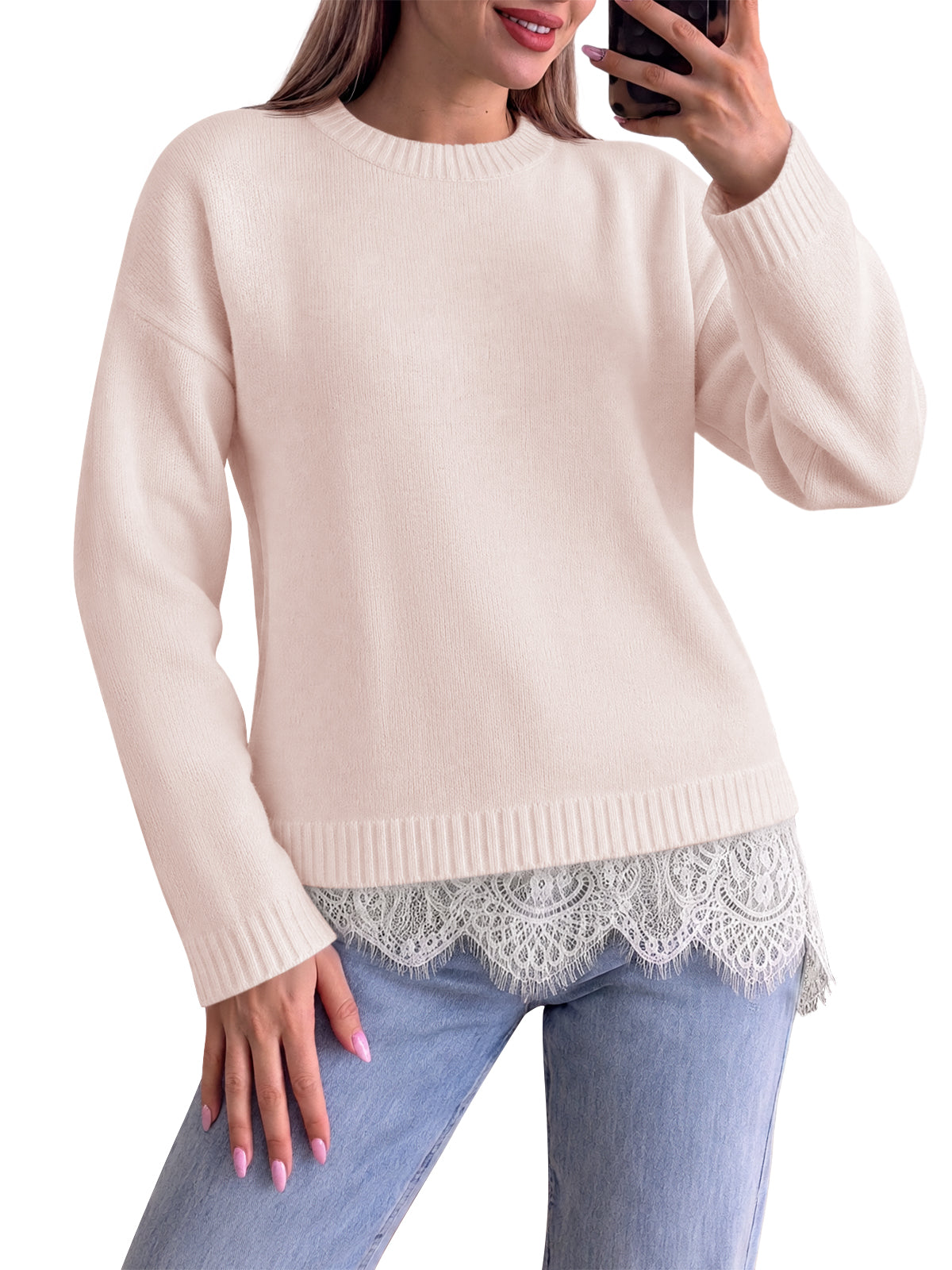 usvara Womens Lace Patchwork Knit Sweater