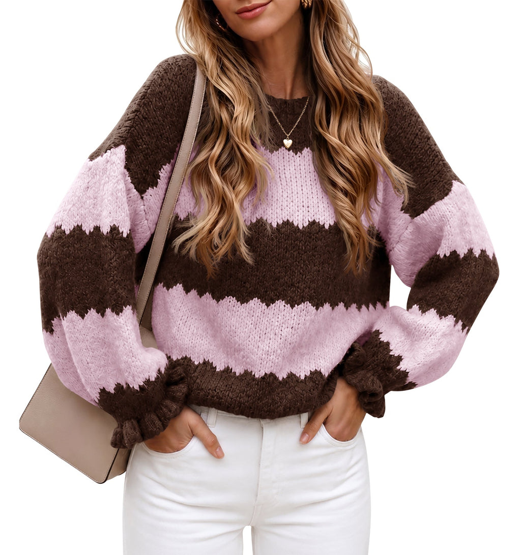 usvara Womens Striped Color Block Ruffle Sweaters