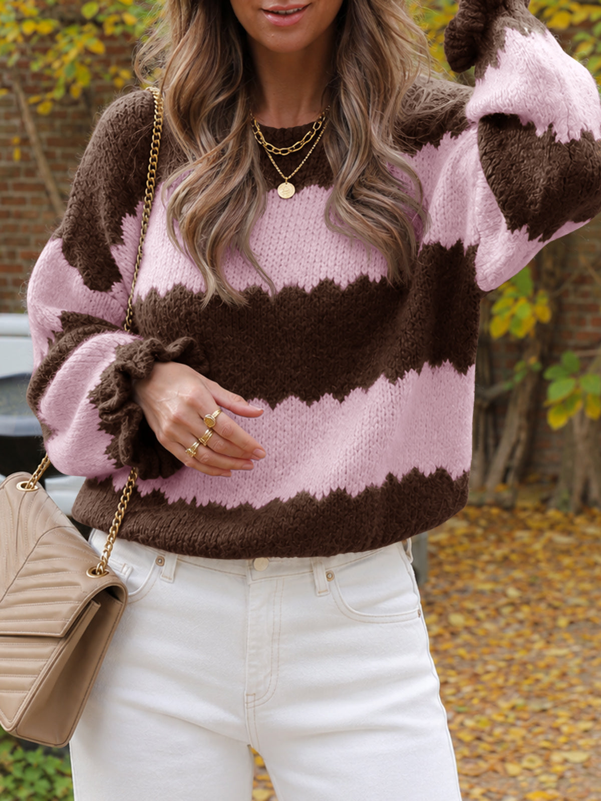 usvara Womens Striped Color Block Ruffle Sweaters
