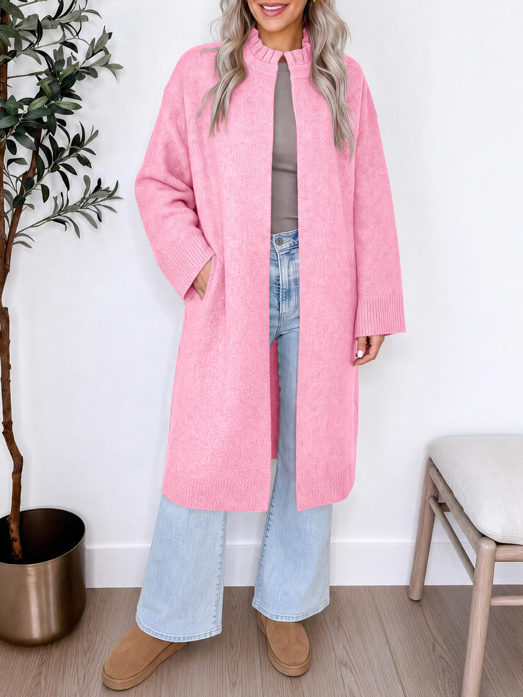 usvara Womens Ruffle Mock Neck Long Cardigan