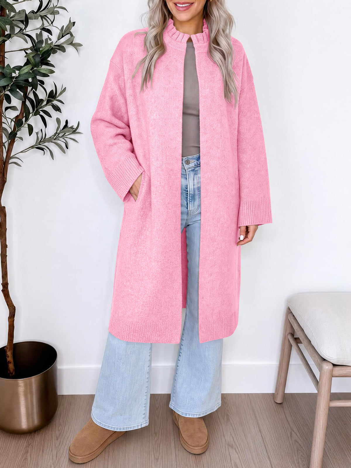 usvara Womens Ruffle Mock Neck Long Cardigan
