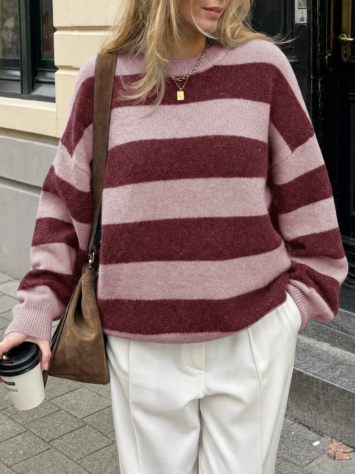 usvara Womens Oversized Striped Knit Block Sweaters