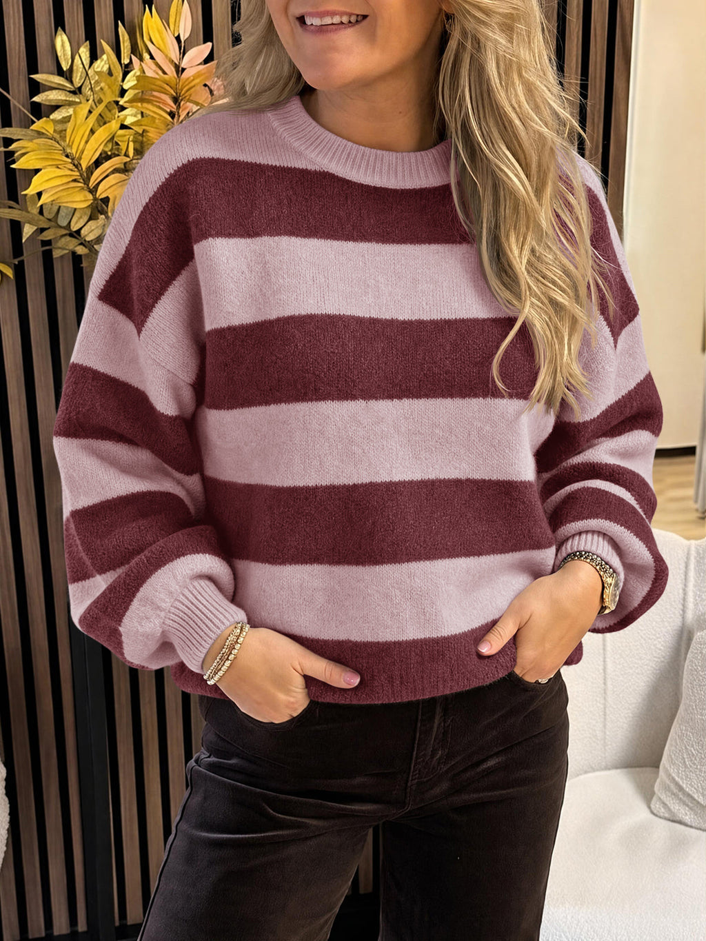 usvara Womens Oversized Striped Knit Block Sweaters