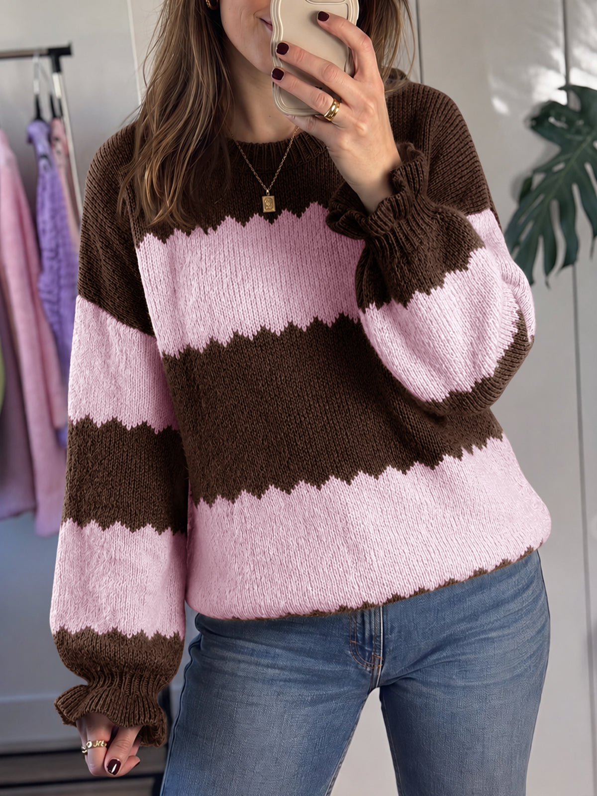 usvara Womens Striped Color Block Ruffle Sweaters