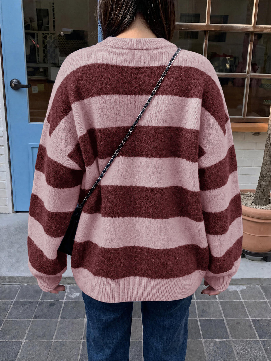 usvara Womens Oversized Striped Knit Block Sweaters