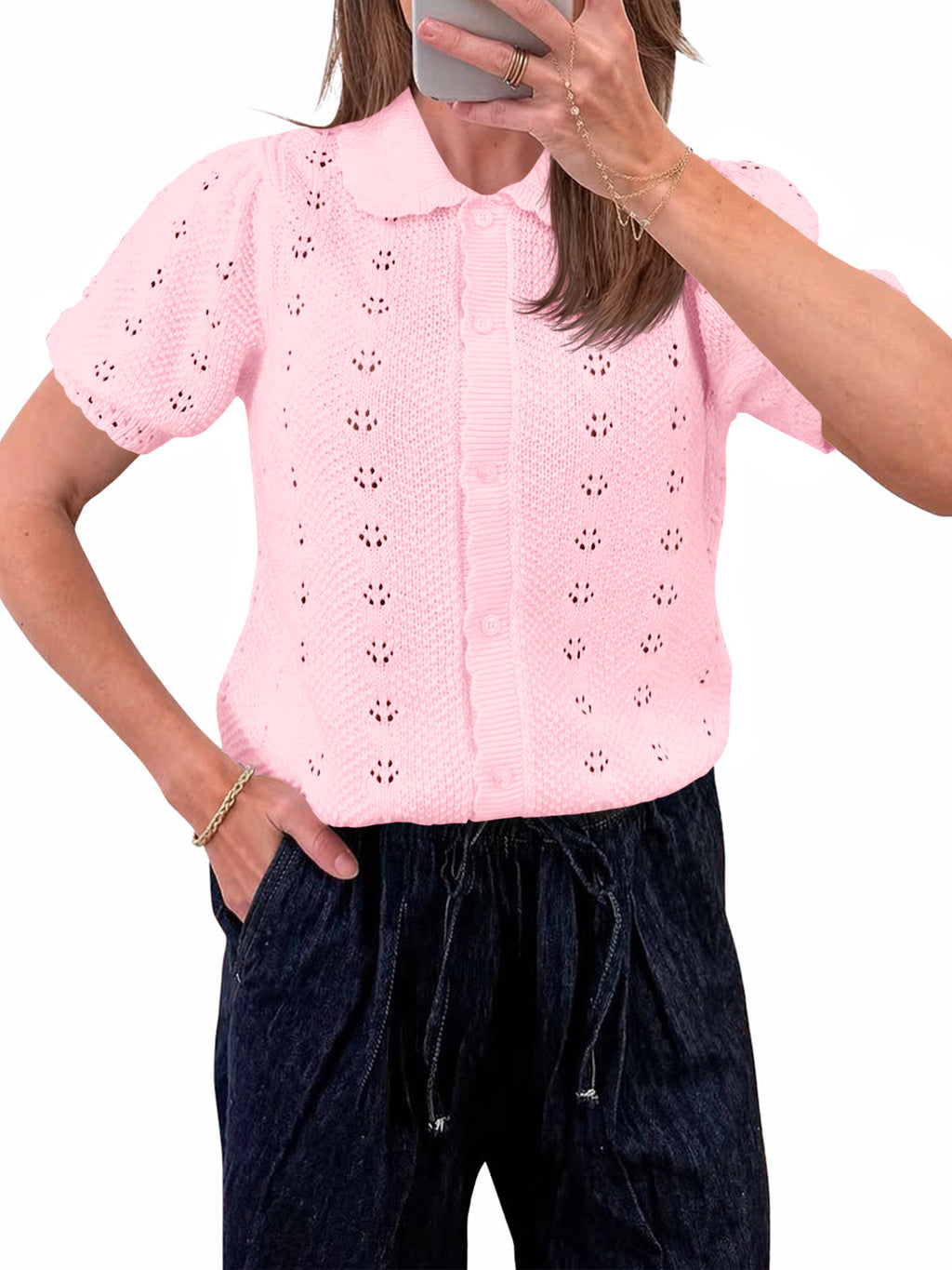 usvara Women Crochet Puff Sleeve Cardigan