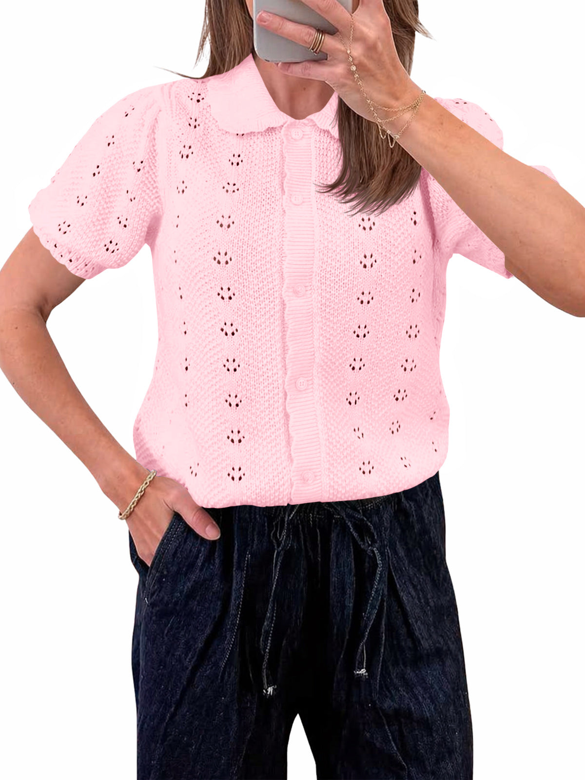 usvara Women Crochet Puff Sleeve Cardigan