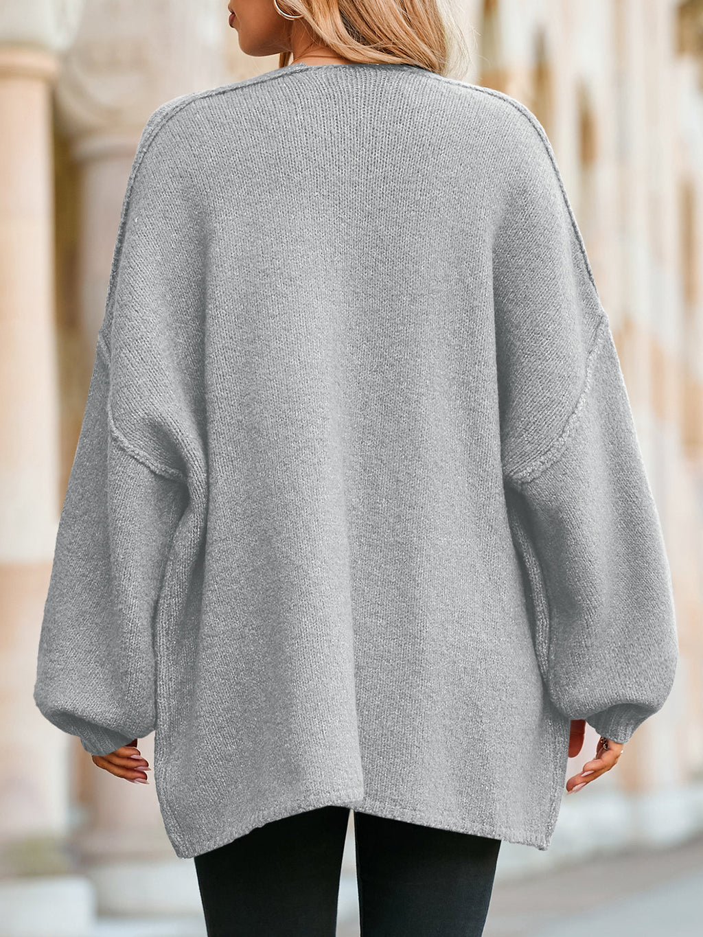 Usvara Womens Oversized Lantern Sleeve Chunky Knit Open-Front Cardigan Sweater