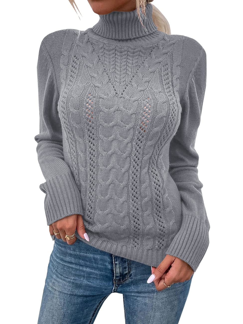 usvara Women Turtleneck Cable Knit Sweater