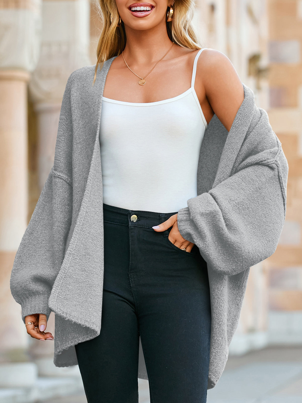 Usvara Womens Oversized Lantern Sleeve Chunky Knit Open-Front Cardigan Sweater