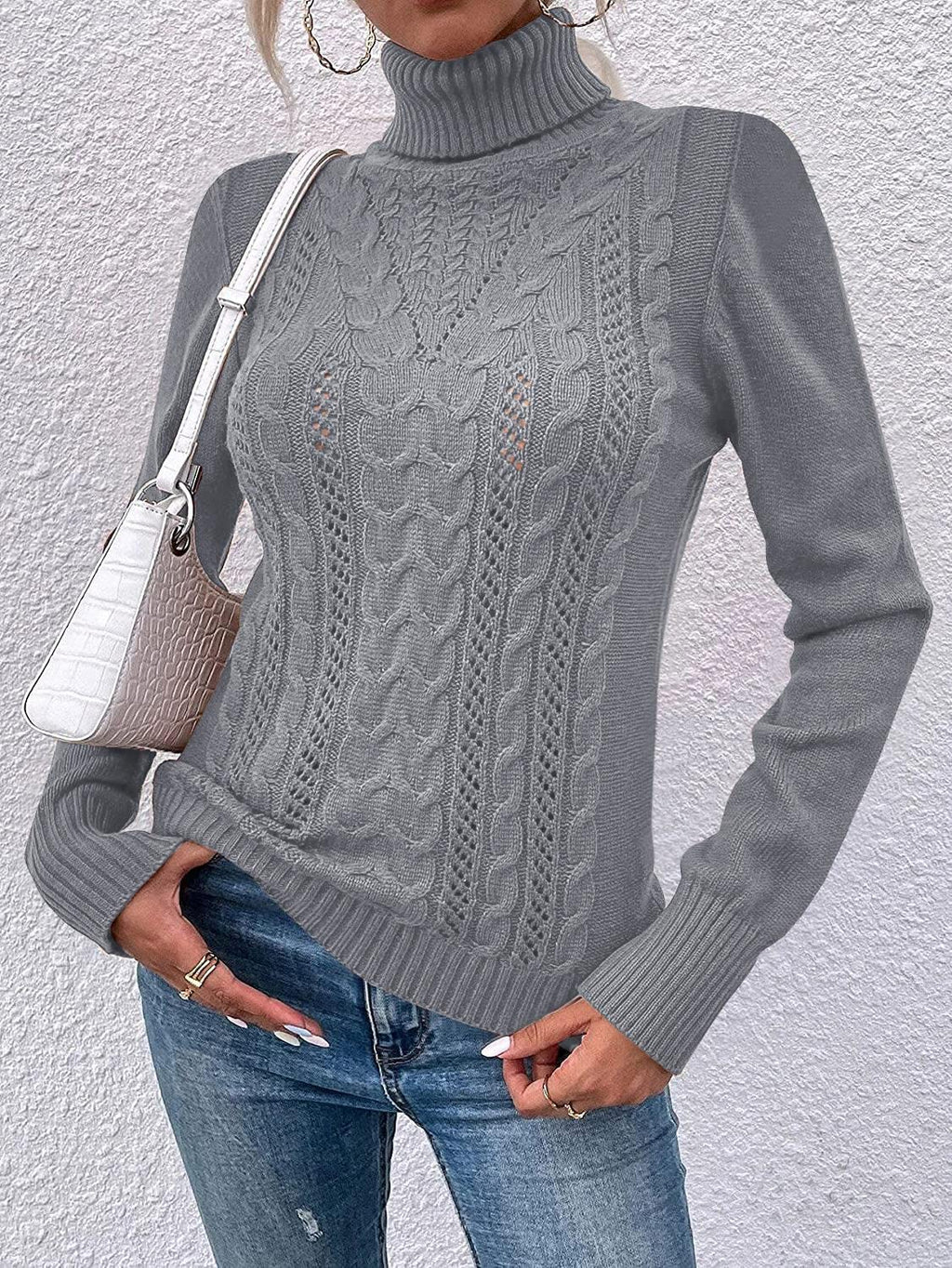 usvara Women Turtleneck Cable Knit Sweater