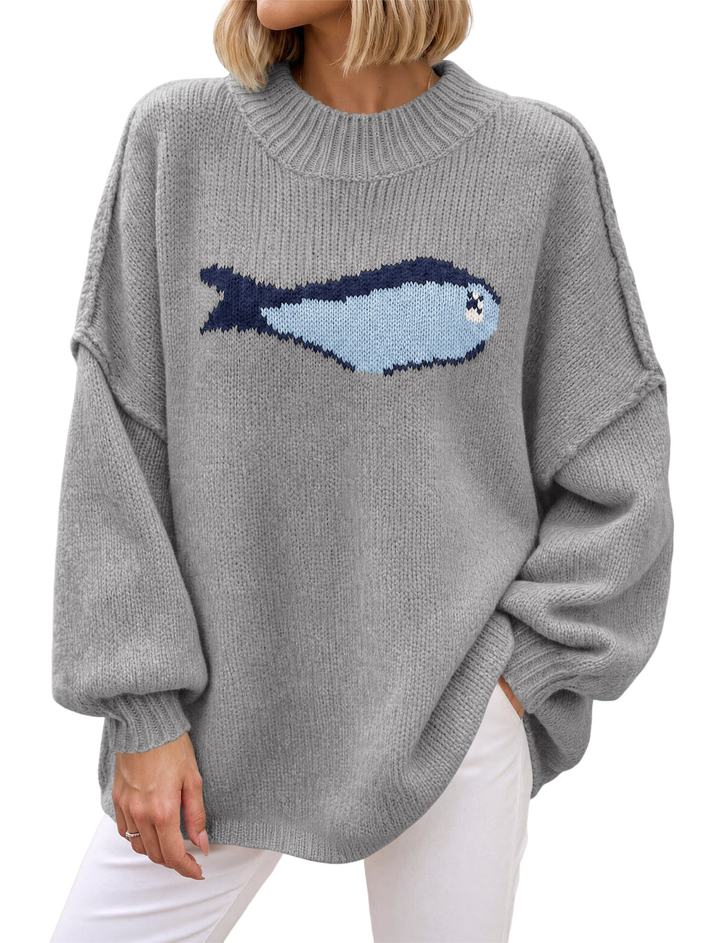 usvara Womens Fish Graphic Oversized Sweater