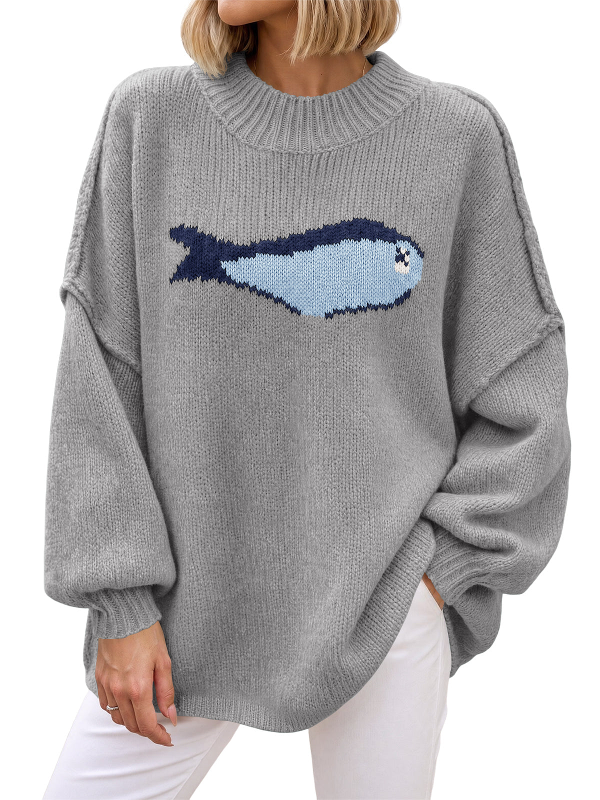 usvara Womens Fish Graphic Oversized Sweater