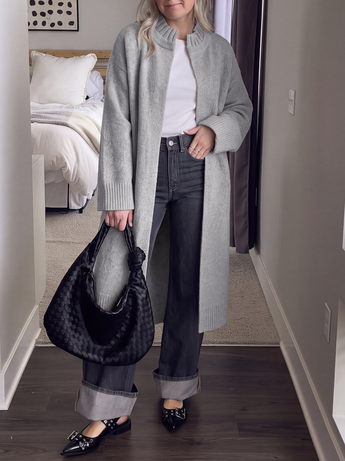 usvara Womens Ruffle Mock Neck Long Cardigan