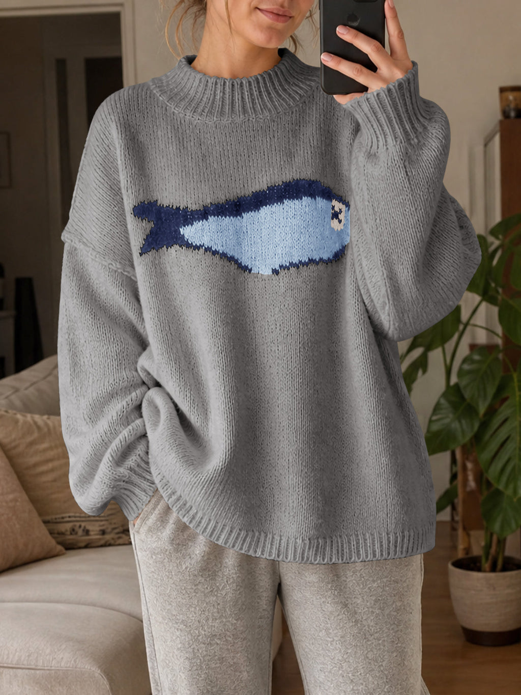 usvara Womens Fish Graphic Oversized Sweater