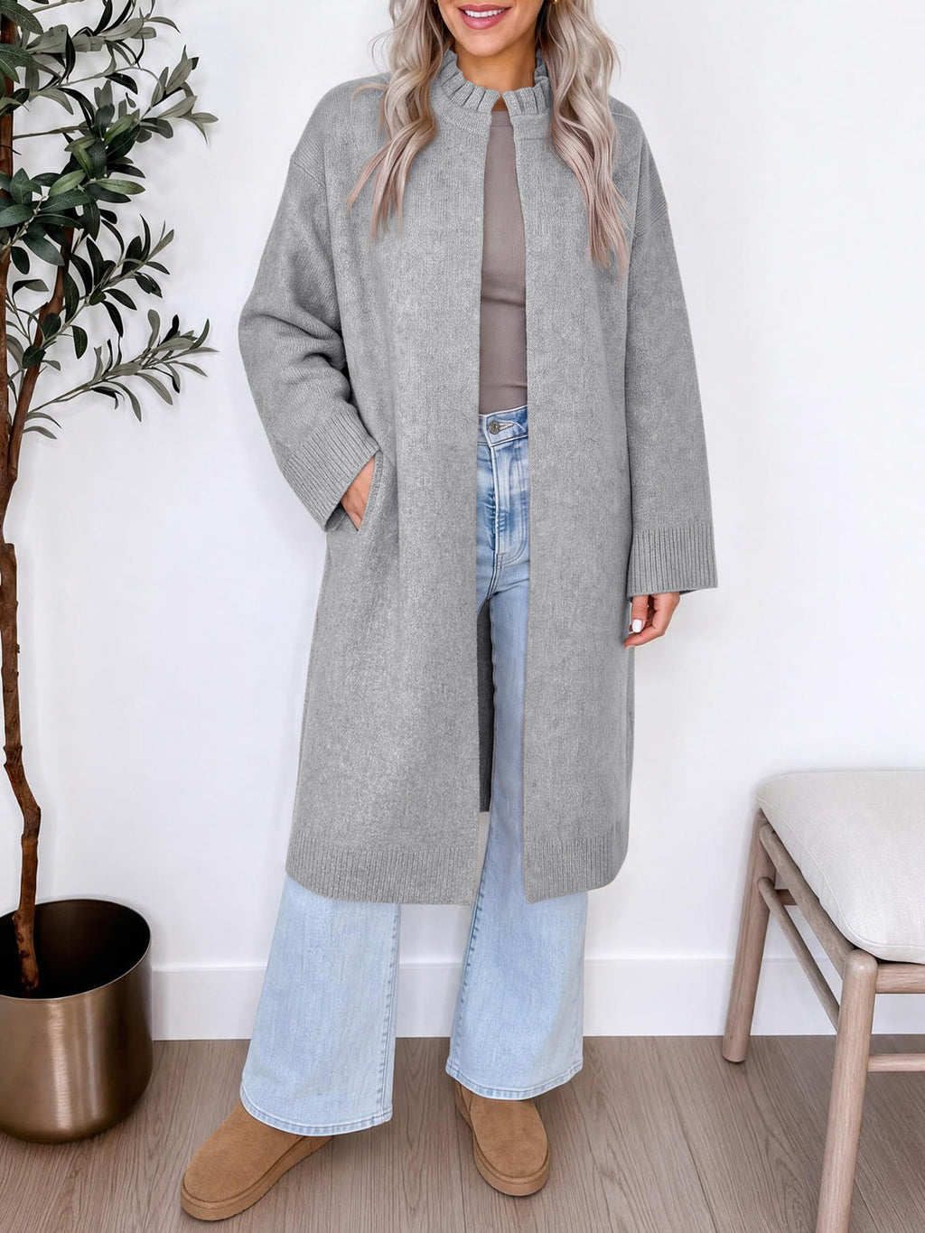 usvara Womens Ruffle Mock Neck Long Cardigan