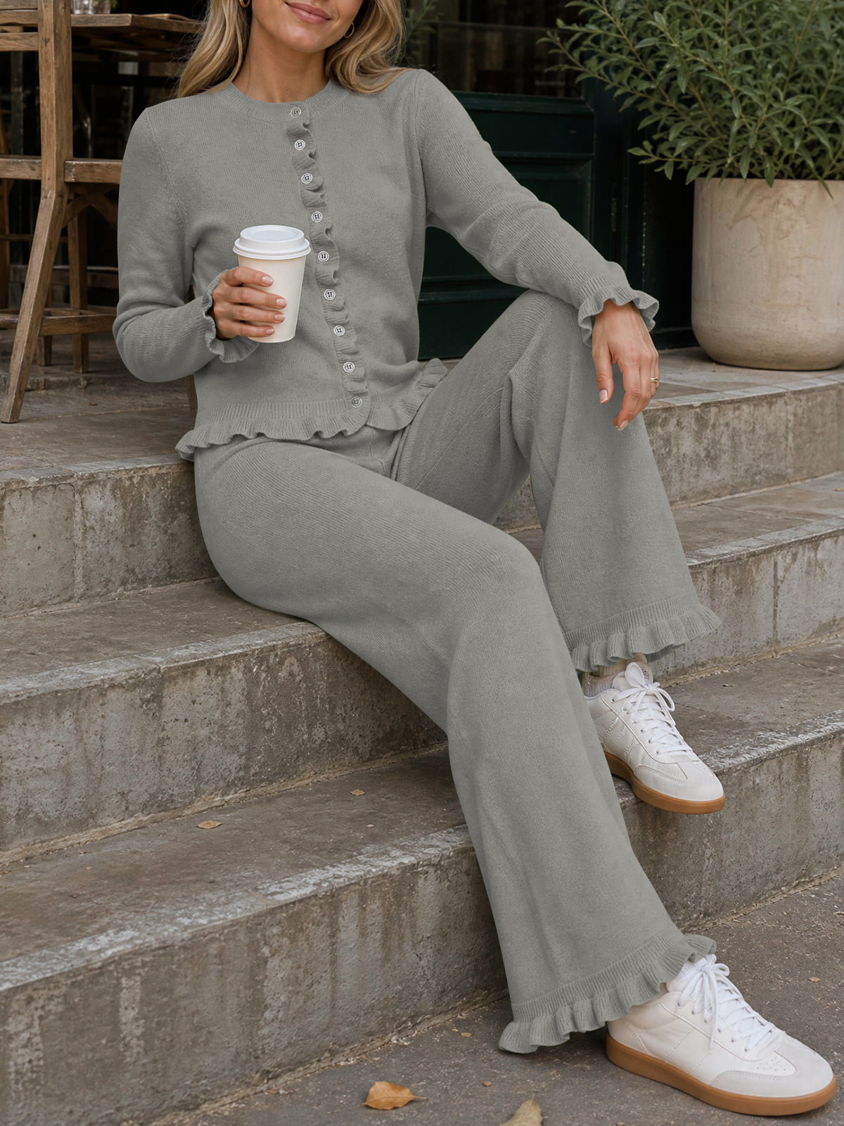 usvara Women Ruffle Knit Lounge Set