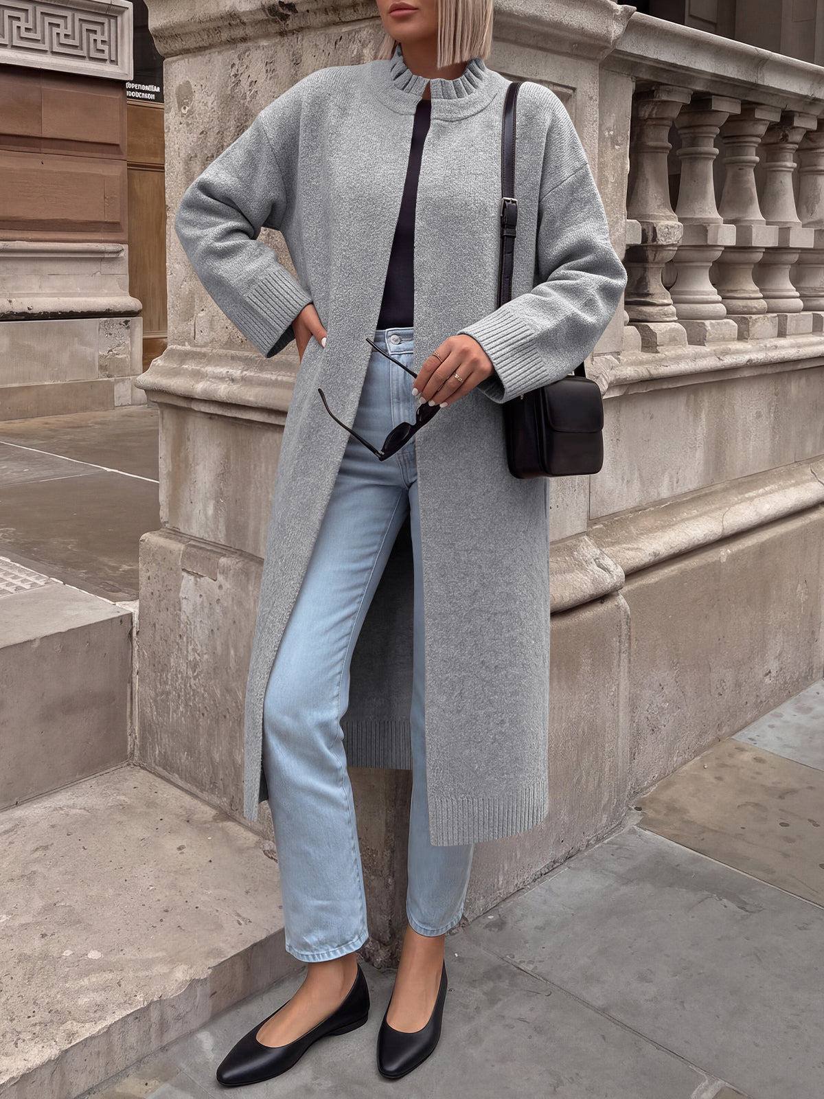usvara Womens Ruffle Mock Neck Long Cardigan