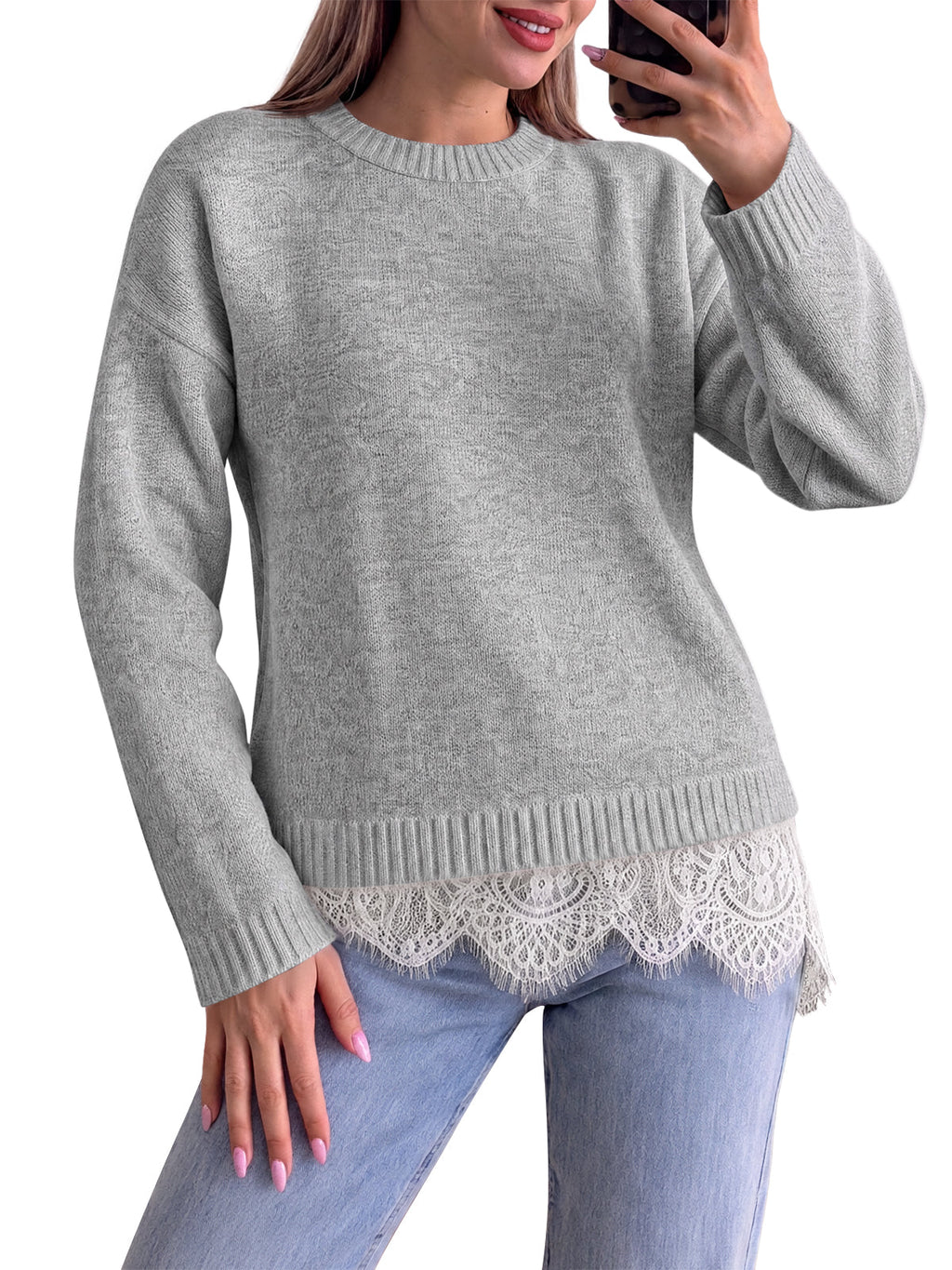 usvara Womens Lace Patchwork Knit Sweater