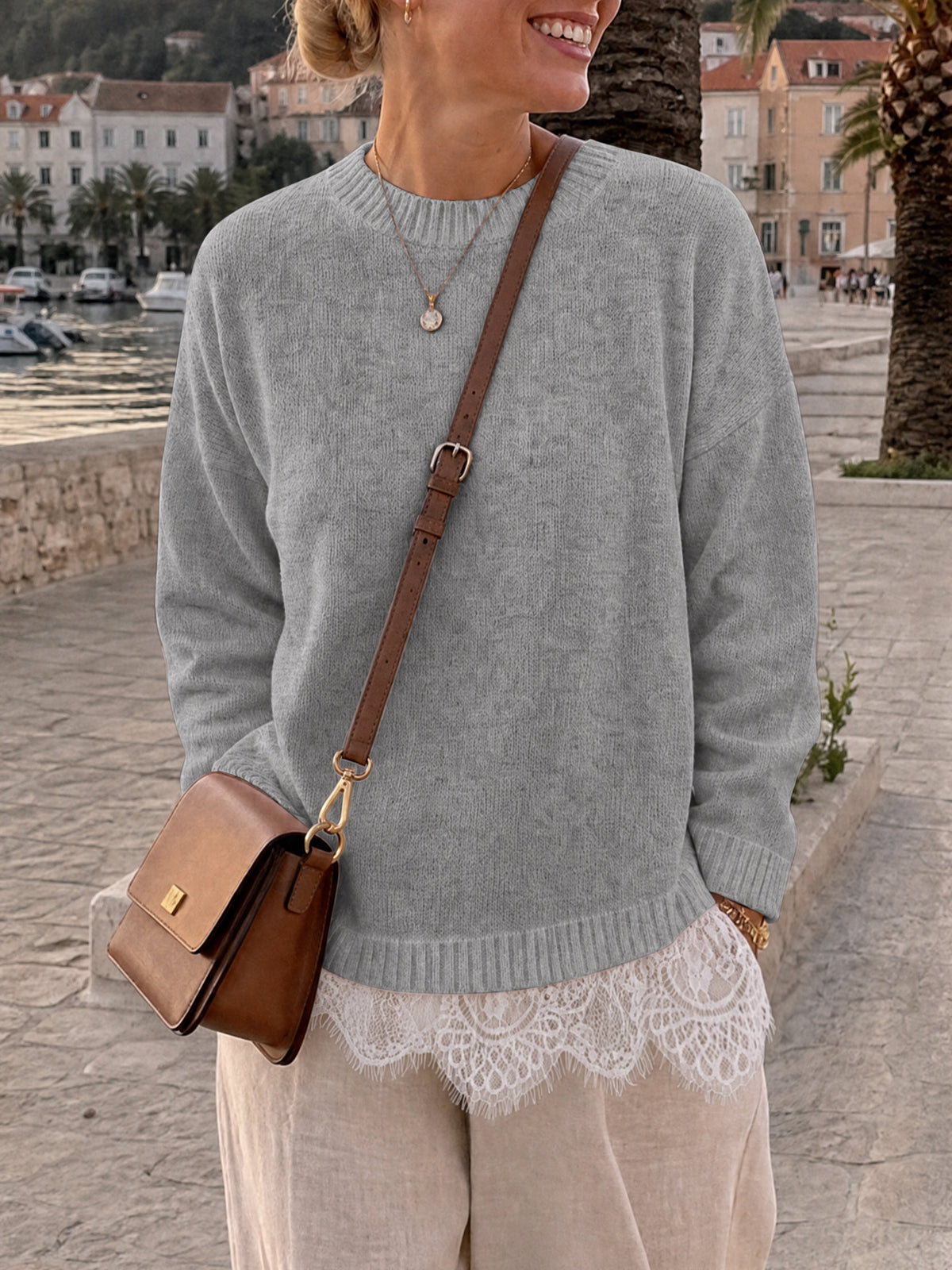 usvara Womens Lace Patchwork Knit Sweater