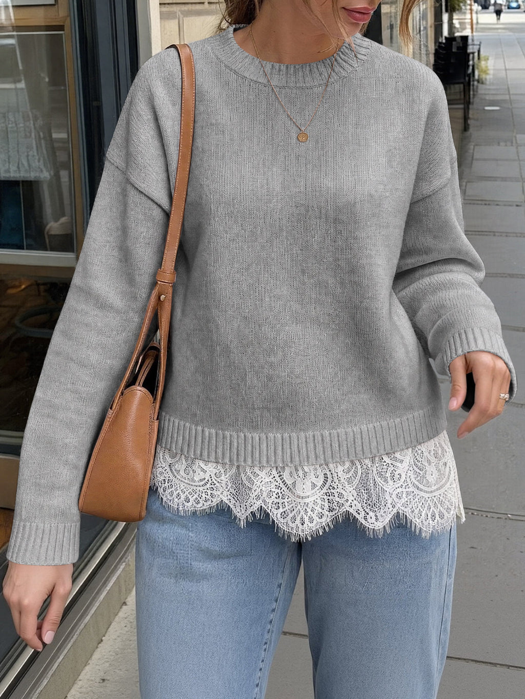 usvara Womens Lace Patchwork Knit Sweater