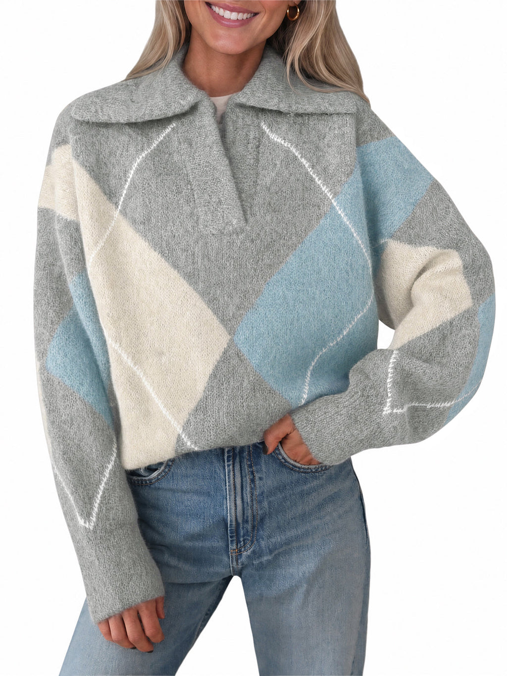 usvara Womens Collared V Neck Argyle Sweater