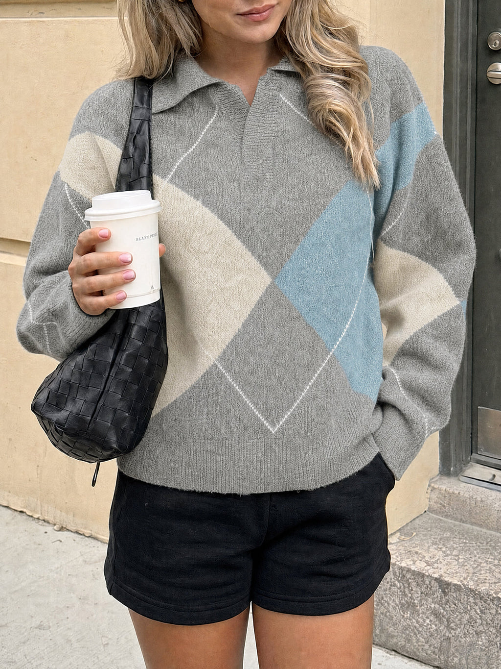 usvara Womens Collared V Neck Argyle Sweater