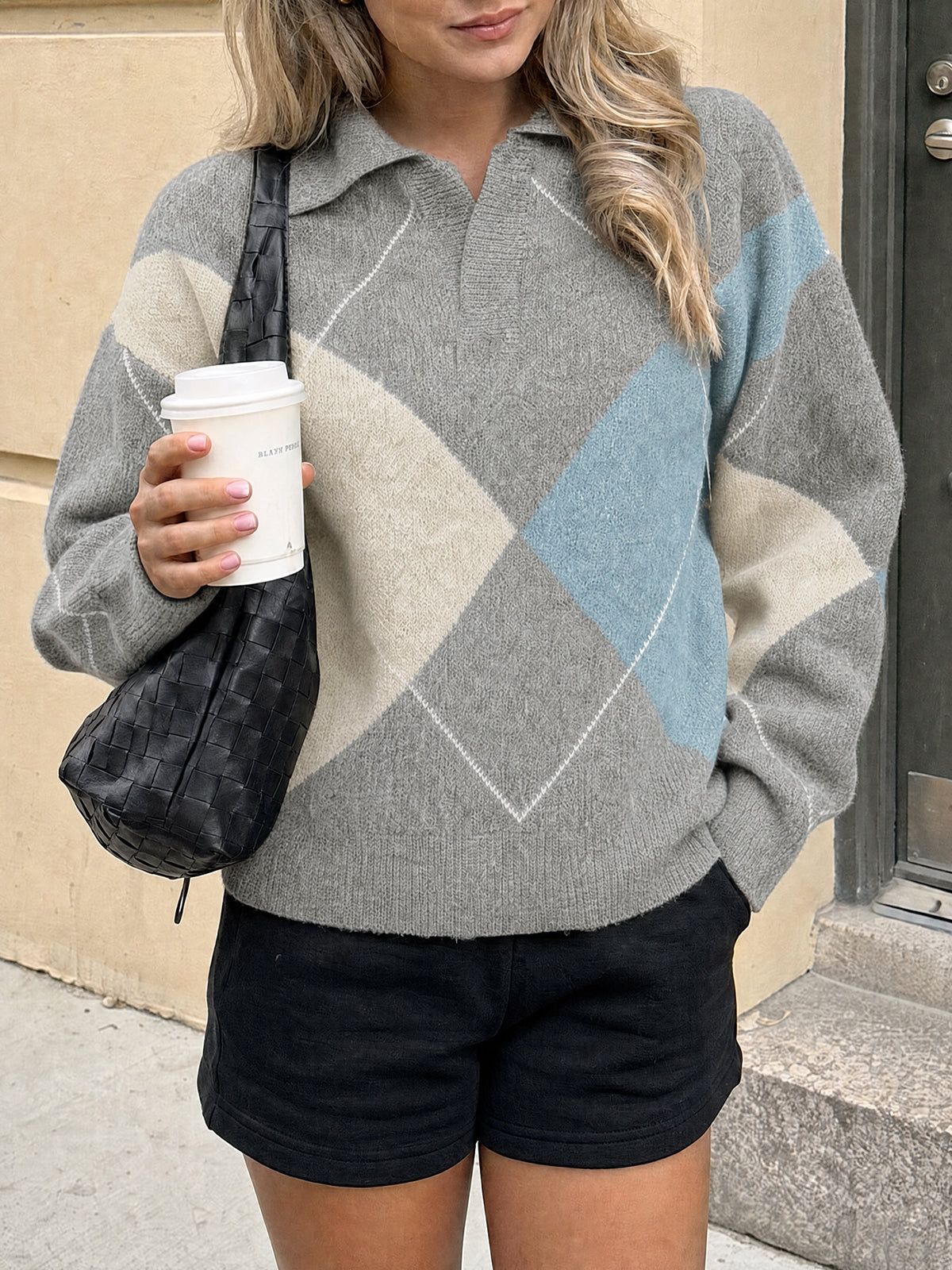 usvara Womens Collared V Neck Argyle Sweater