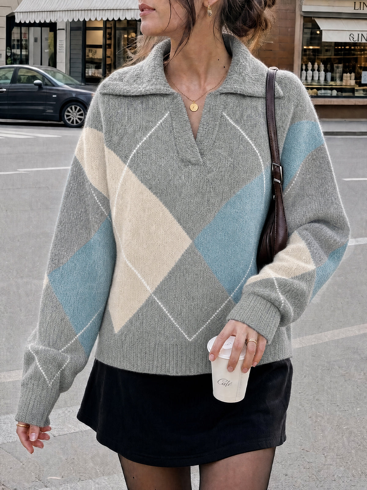 usvara Womens Collared V Neck Argyle Sweater