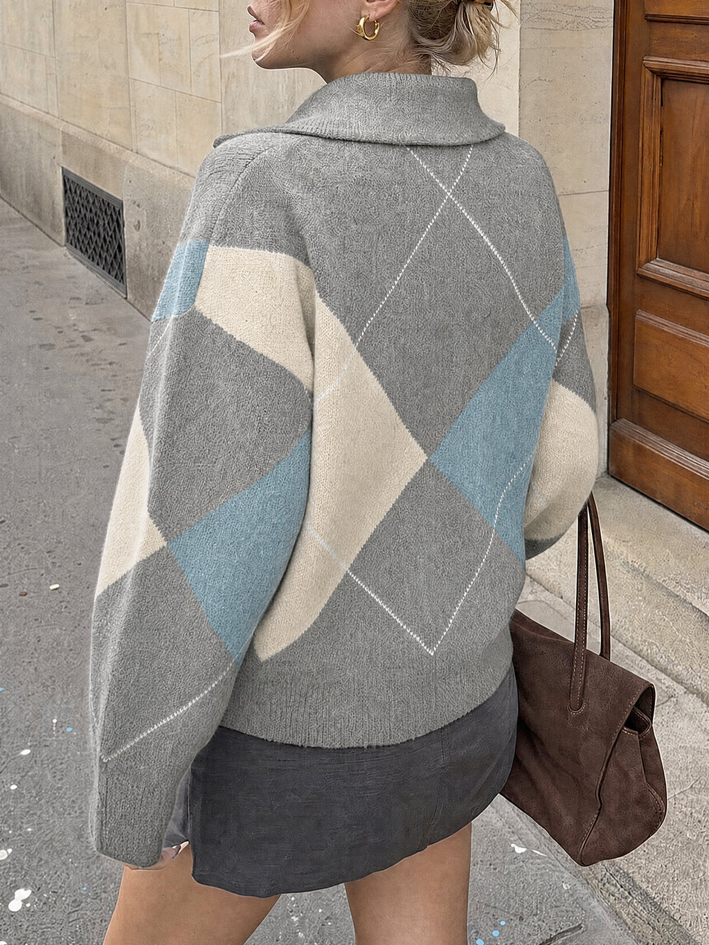 usvara Womens Collared V Neck Argyle Sweater