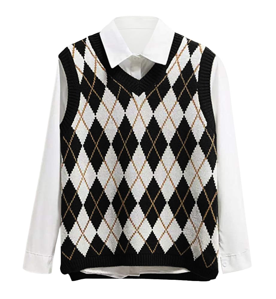 usvara Womens V Neck Argyle Knit Tops