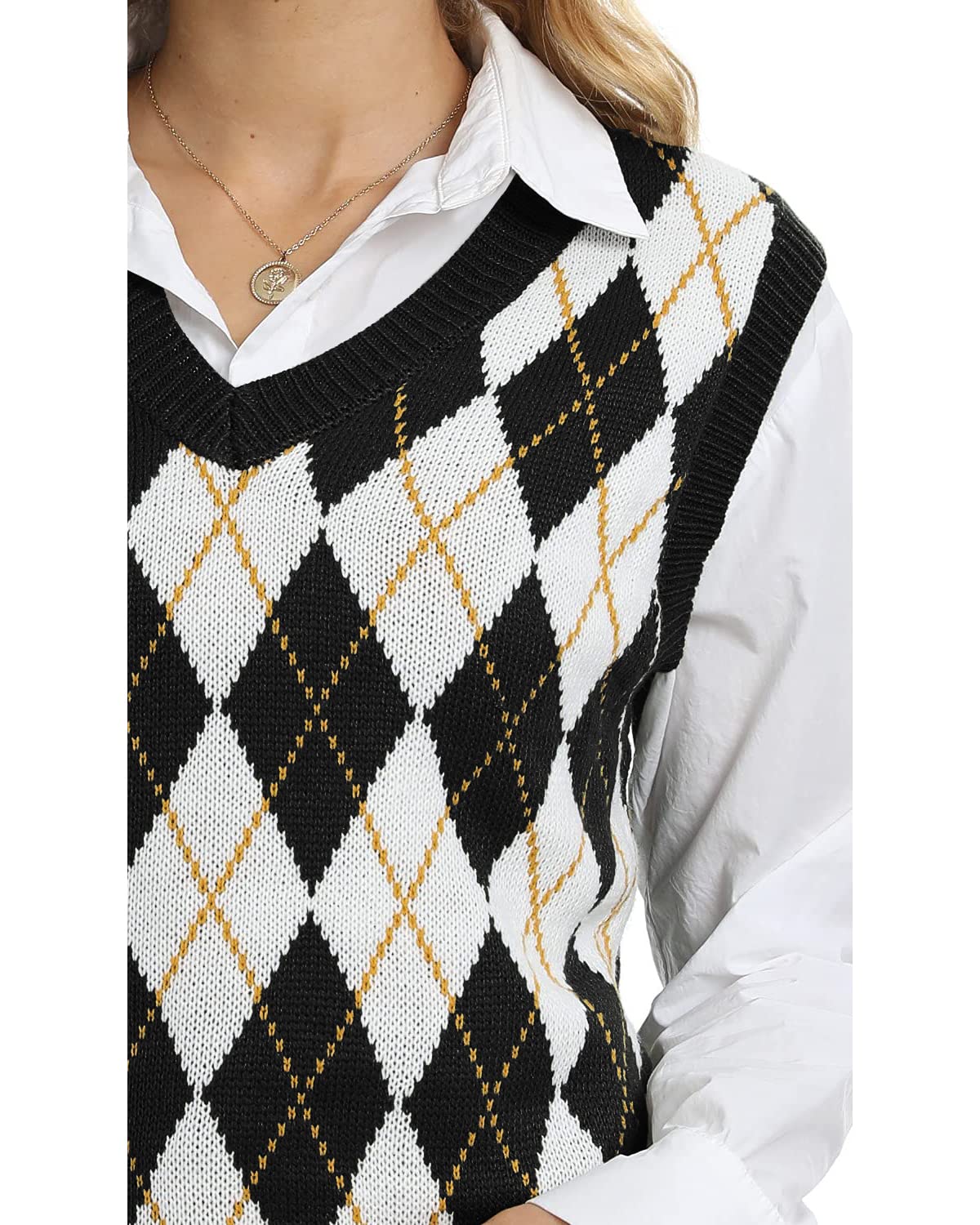 usvara Womens V Neck Argyle Knit Tops